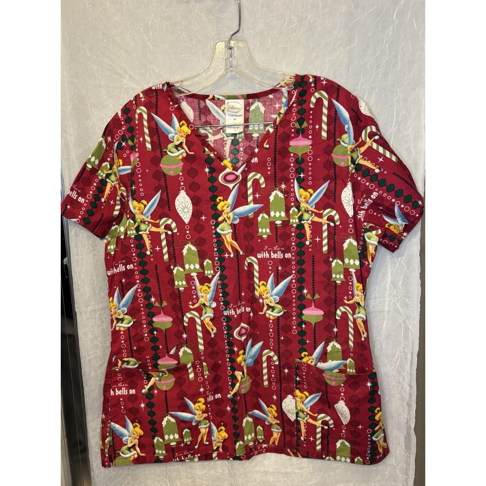 Disney Tinkerbell Holiday Scrub Top Christmas "With Bells On" Women's Size M